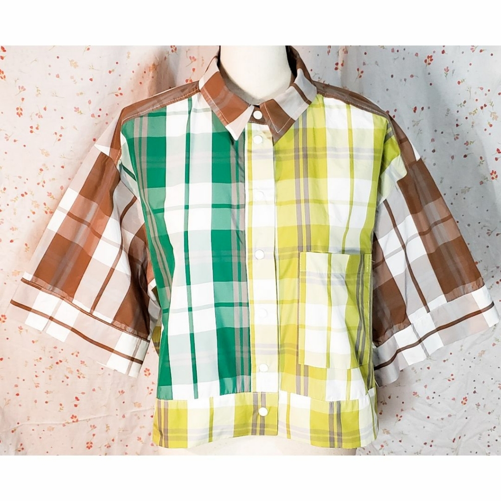 Plaid Colorblock Short-Sleeve Button-Up Shirt - Green, Yellow & Brown